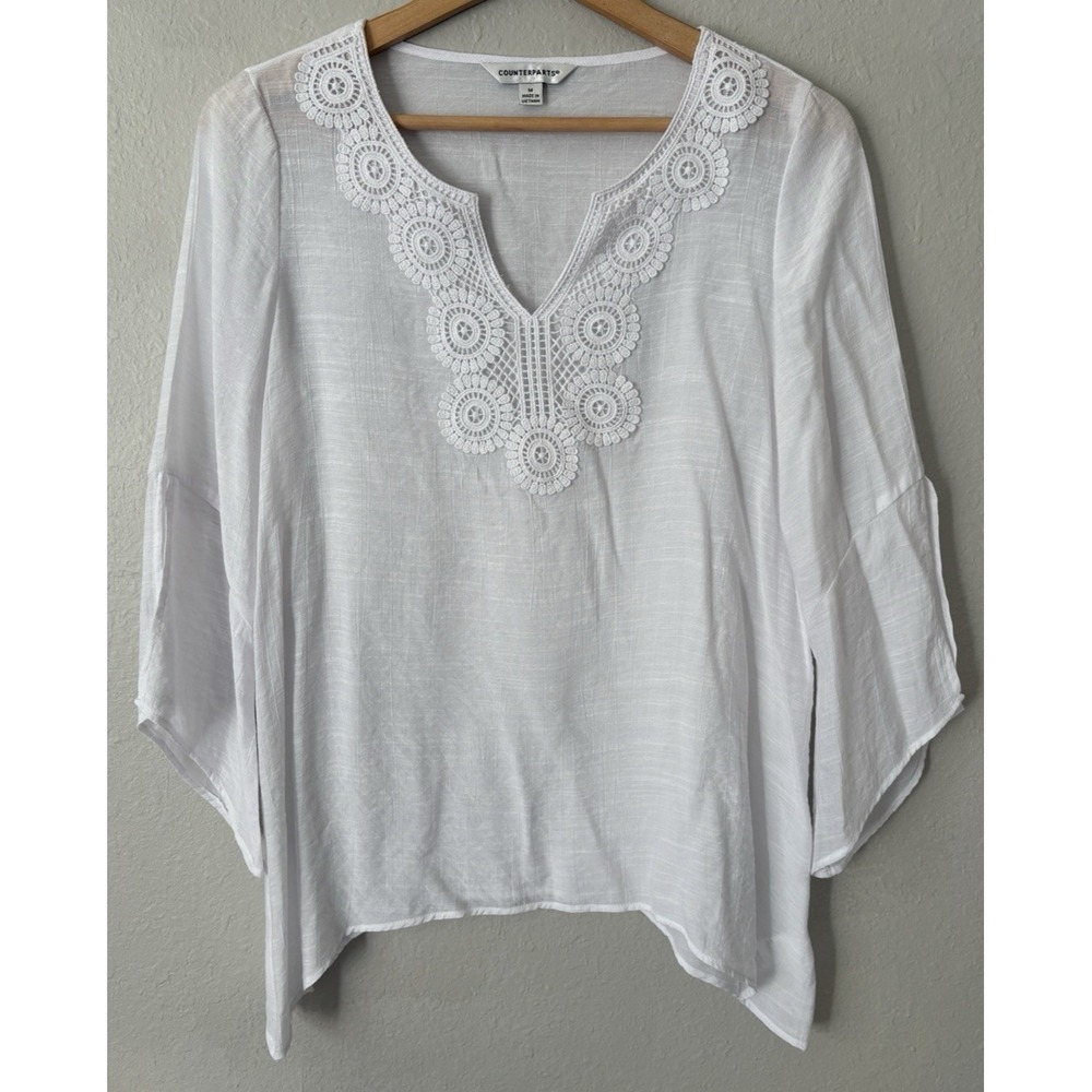 Counterparts Womens Boho Crochet Tunic Top Size M 3/4 Bell Sleeve Festival Art